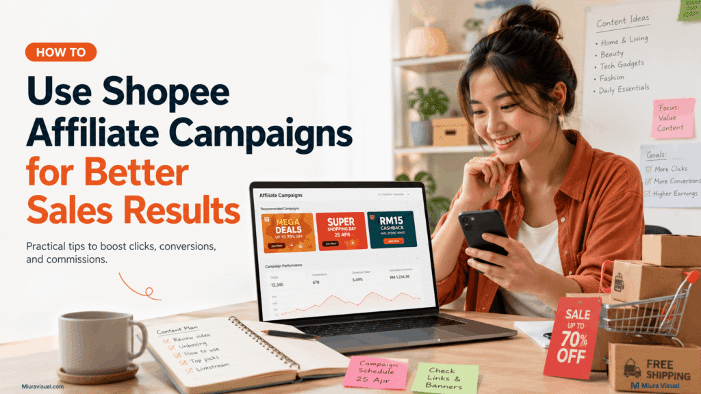 Local Malaysian Chinese creator planning Shopee Affiliate Campaigns for better sales results with laptop and content notes
