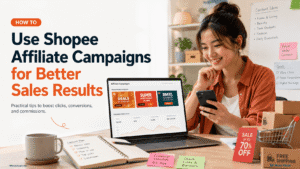 Local Malaysian Chinese creator planning Shopee Affiliate Campaigns for better sales results with laptop and content notes
