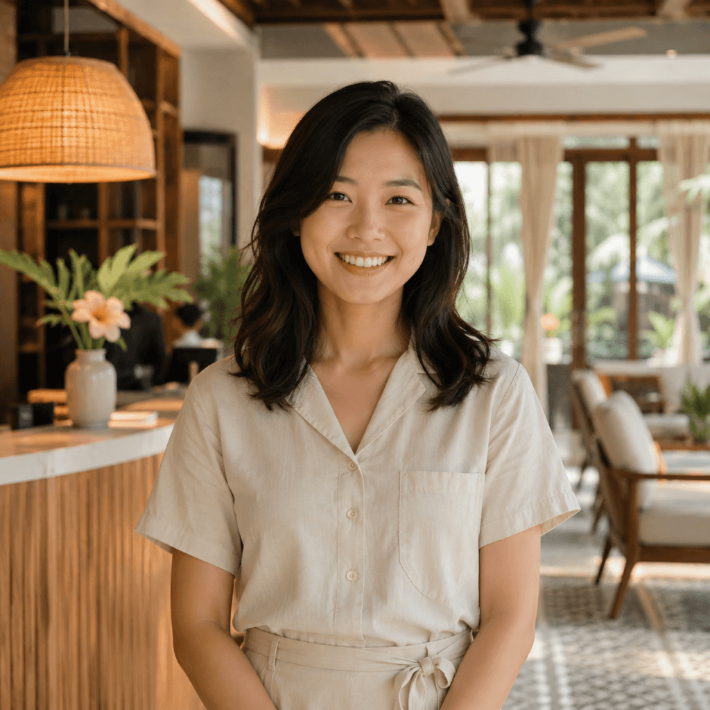 Brand Visibility Malaysia | Affiliate & Referral Content 52 Malaysian Chinese hospitality business owner welcoming guests inside a warm modern café