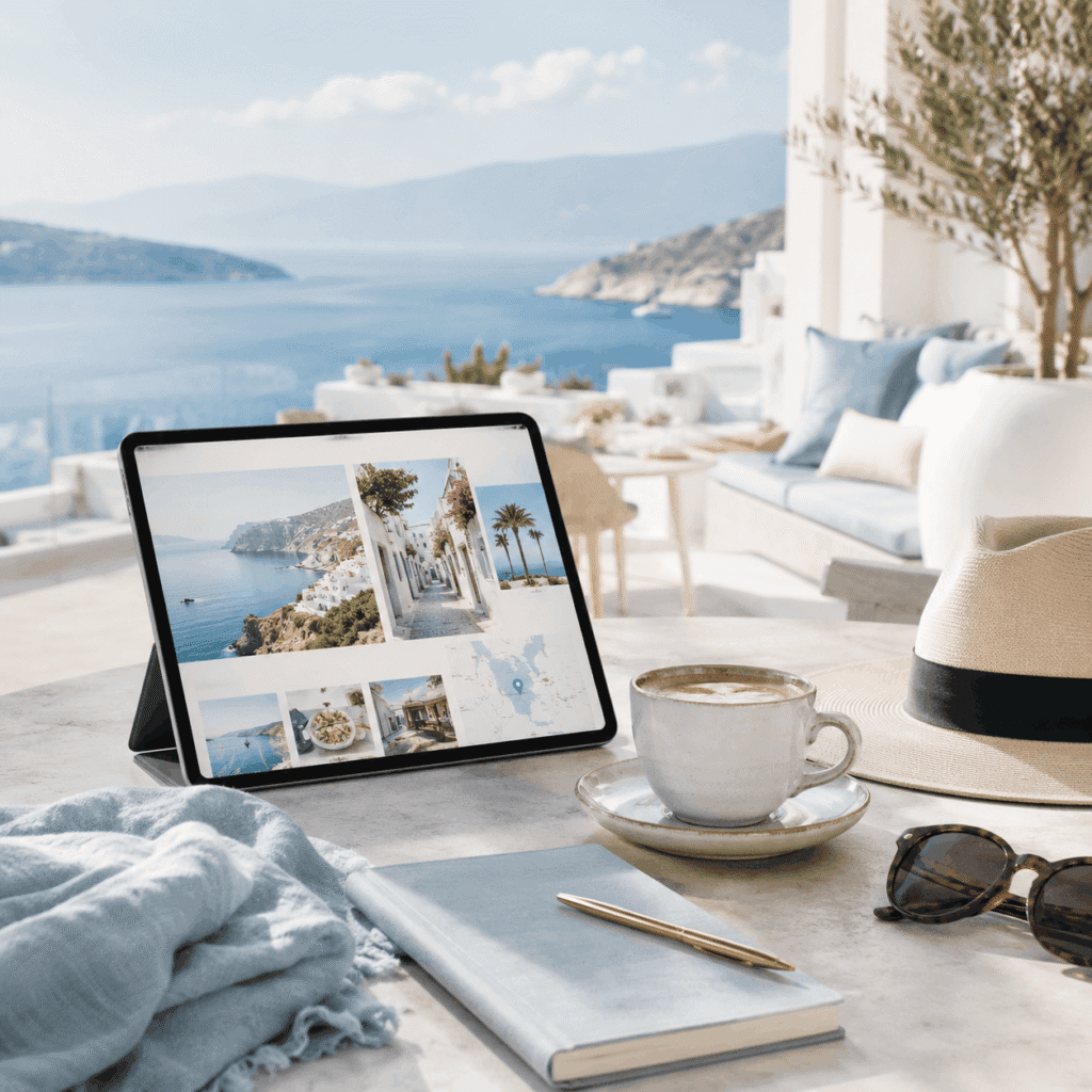 Brand Visibility Malaysia | Affiliate & Referral Content 8 Coastal travel destination with digital guide displayed on a tablet