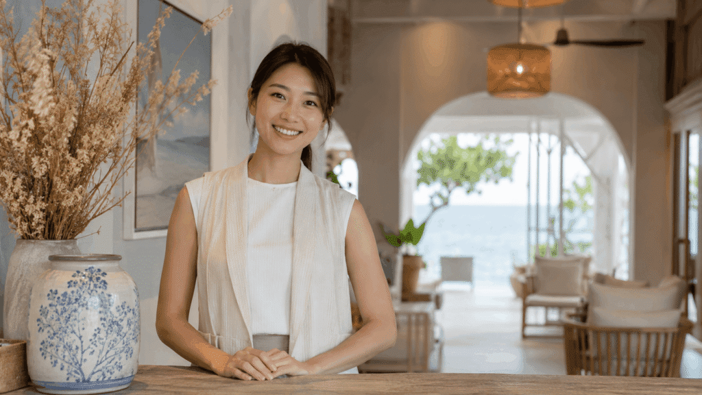 Brand Visibility Malaysia | Affiliate & Referral Content 14 Hospitality professional welcoming visitors inside a coastal travel property