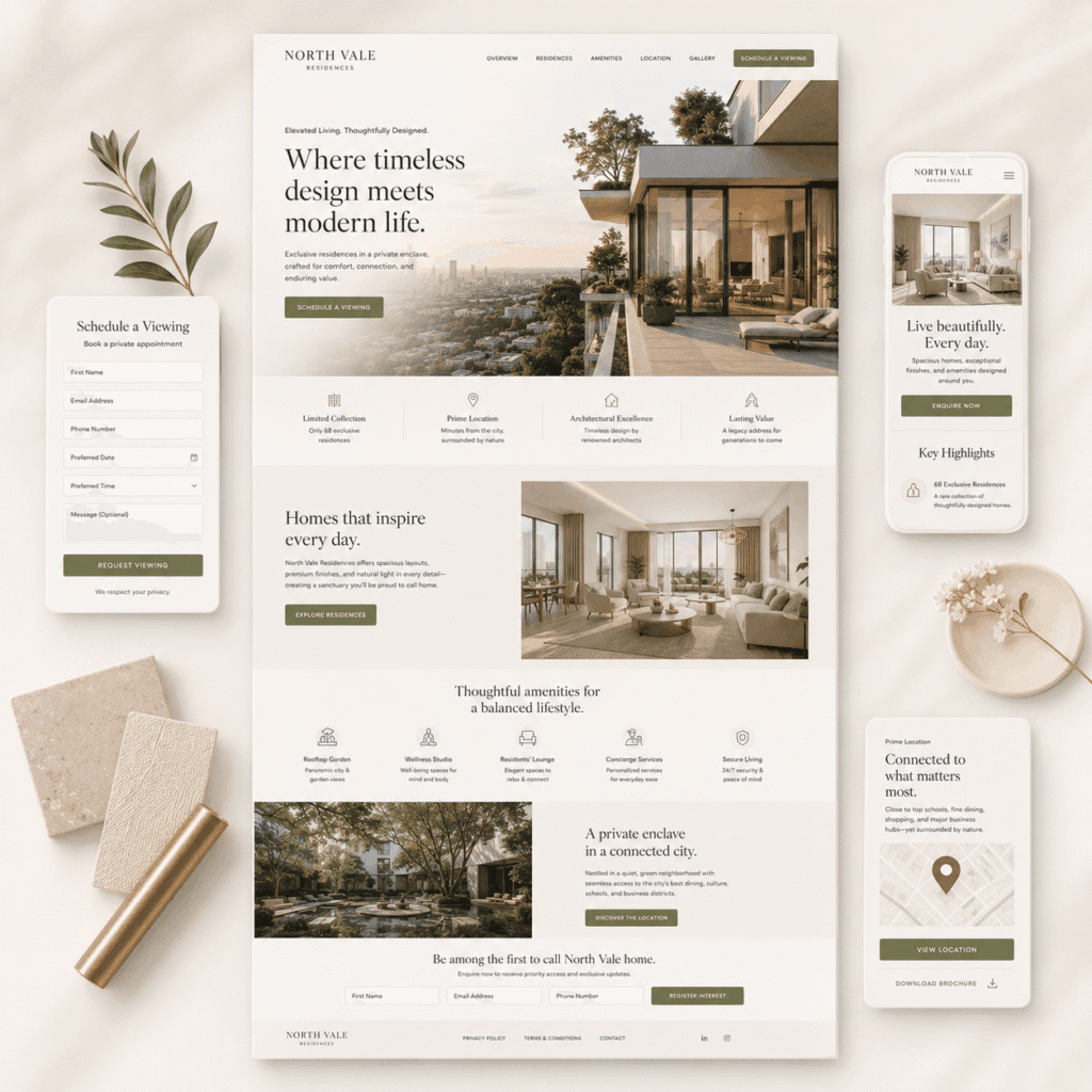 Digital Presence Malaysia | Website, SEO & Support 4 Luxury real estate landing page mockup showing a modern residential development website with viewing form, mobile preview and premium property visuals.