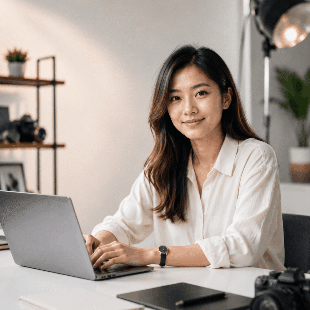Miura Visual - From Vision to Voyage 36 Malaysian Chinese woman working on a laptop in a modern creative studio workspace