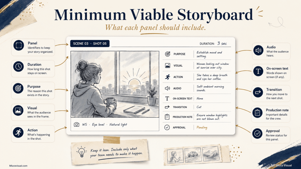 How to Storyboard a Video for Short-Form Brand Content 4 Annotated storyboard template showing duration, purpose, visual, action, audio, text, transition and approval