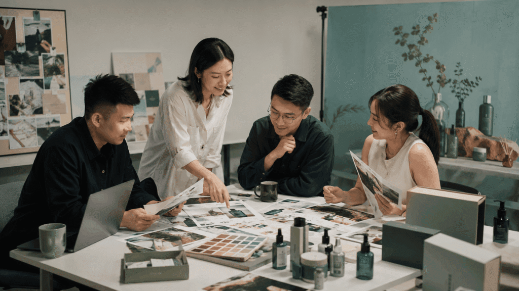 Creative team planning a coordinated skincare brand campaign in a studio
