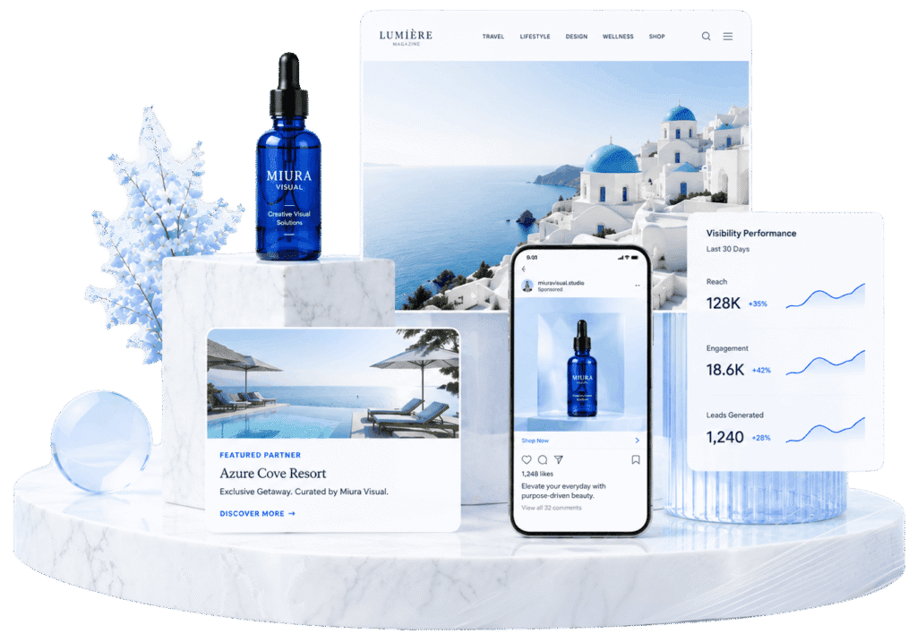 Brand Visibility Malaysia | Affiliate & Referral Content 1 Brand visibility hero graphic with marble podium, blue product bottle, travel feature screen, featured partner card, social post and performance dashboard