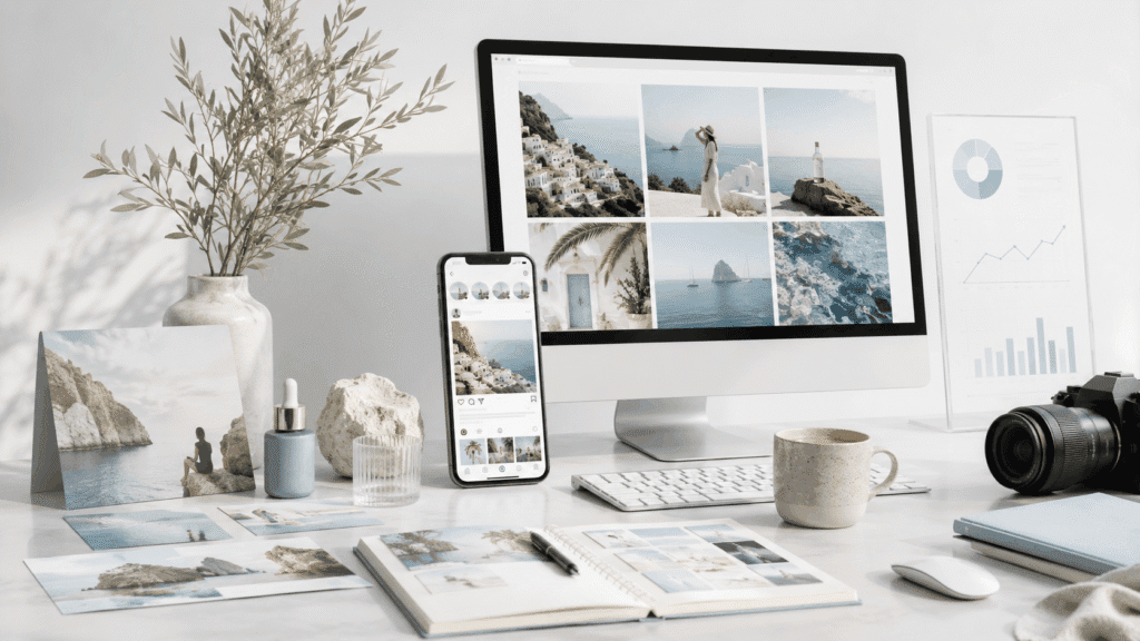 Brand Visibility Malaysia | Affiliate & Referral Content 46 Brand visibility portfolio workspace with travel content, social media visuals, campaign analytics and camera equipment