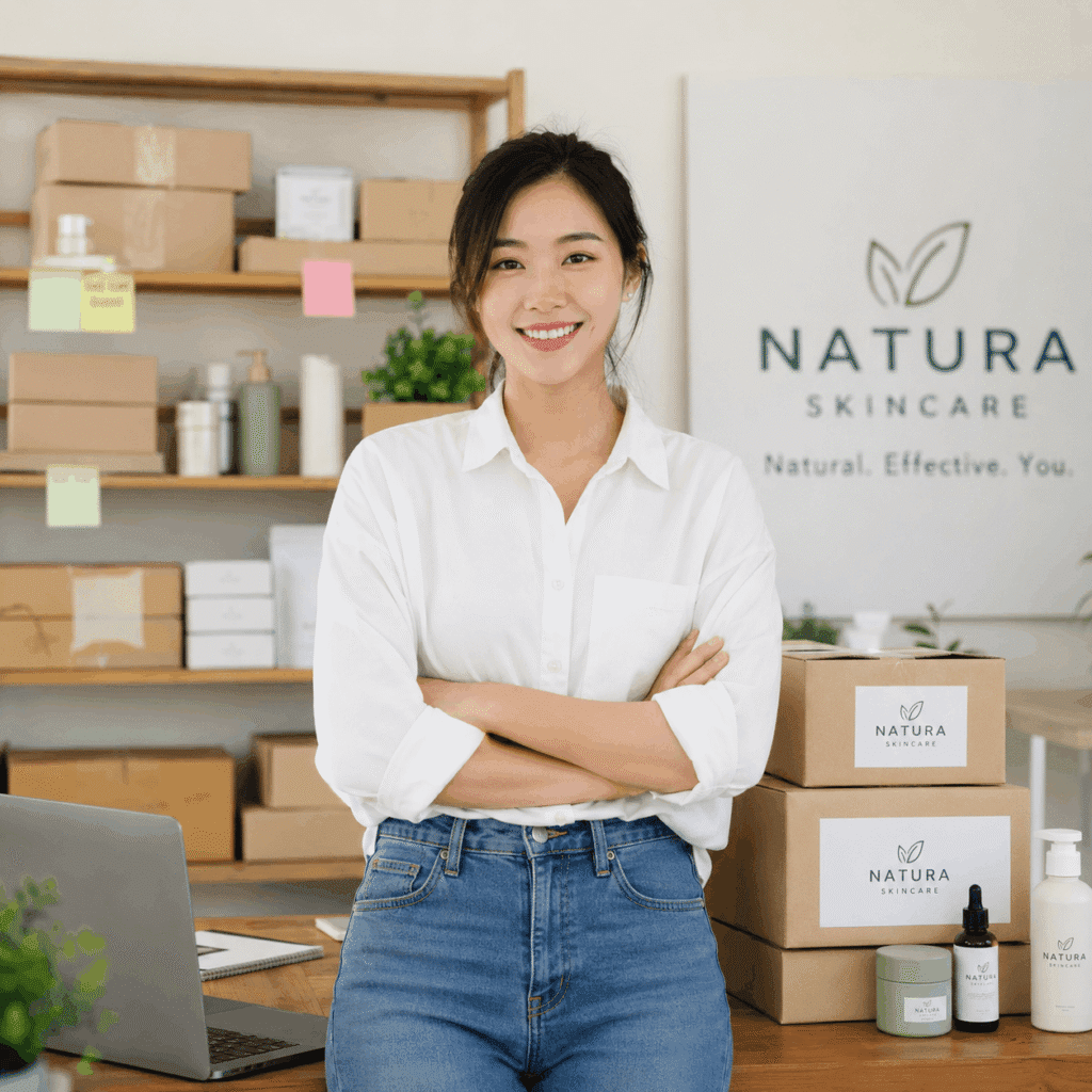 Business owner smiling inside a modern retail store with product displays