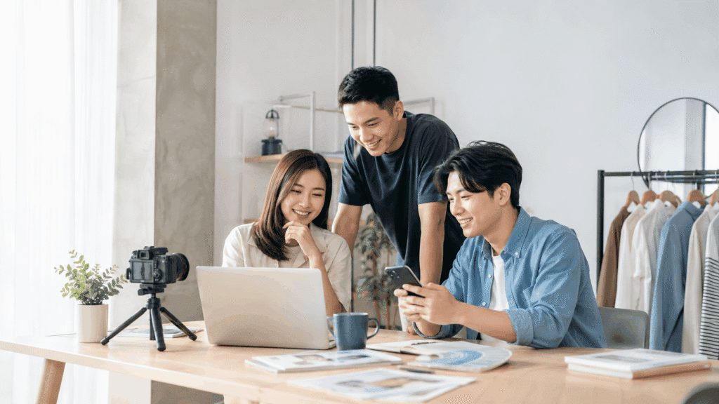 Brand Visibility Malaysia | Affiliate & Referral Content 9 Miura Visual content team reviewing website, social media and visual assets in a creative studio