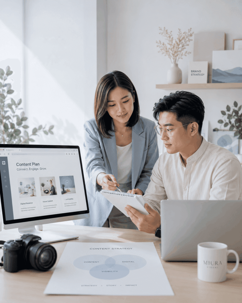 Brand Visibility Malaysia | Affiliate & Referral Content 47 Two creative professionals planning content, digital strategy and brand visibility in a modern studio