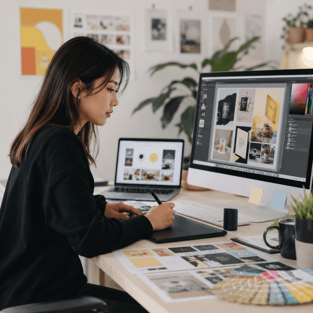 Graphic designer creating brand layouts and digital visuals at a workstation