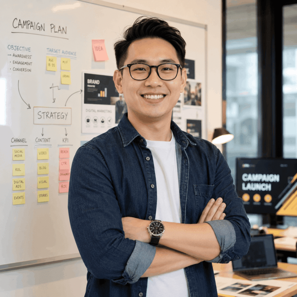 Marketing professional standing in front of a campaign planning board