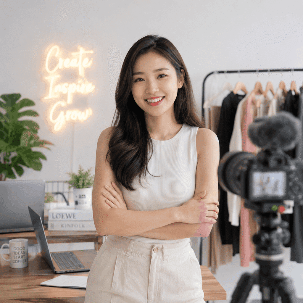 Personal brand creator smiling in a content studio with a camera and workspace