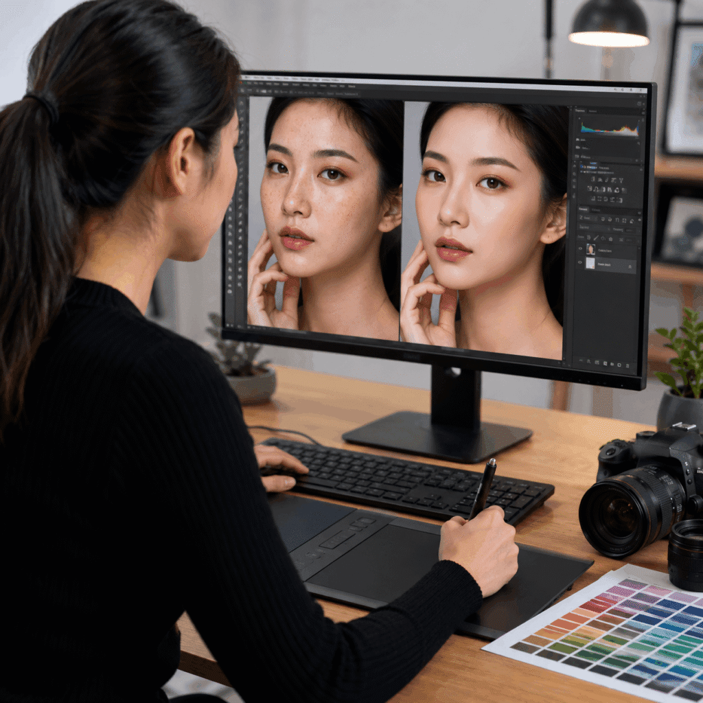 Photo editor retouching a beauty portrait with a before-and-after comparison