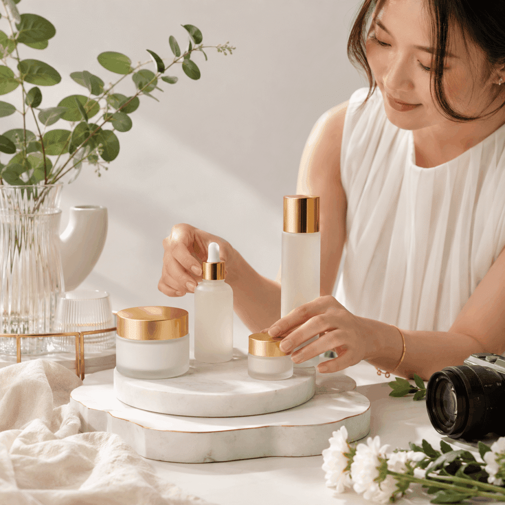 Creative professional arranging skincare products for a commercial brand shoot