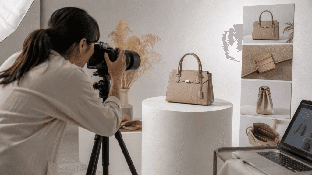 Photographer creating detailed handbag images for an online product listing