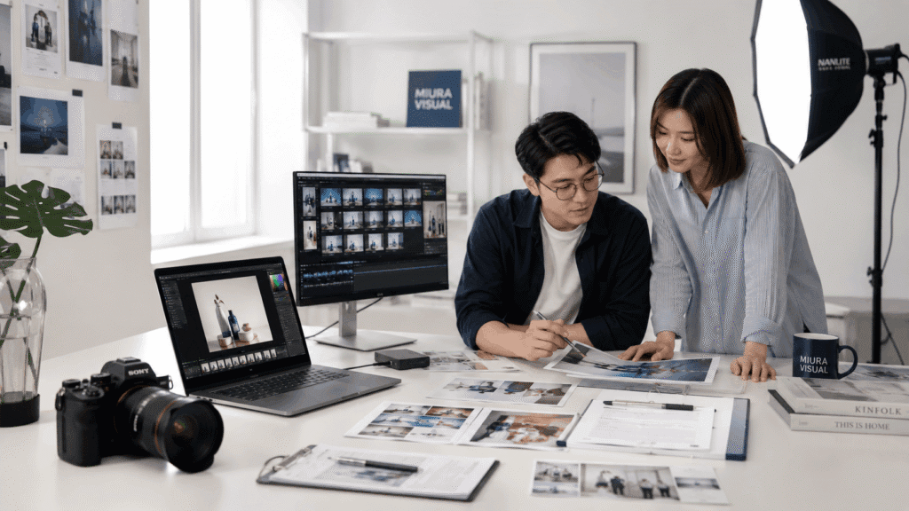 Malaysian Chinese creative team reviewing photography, video and edited visual content in a modern production studio