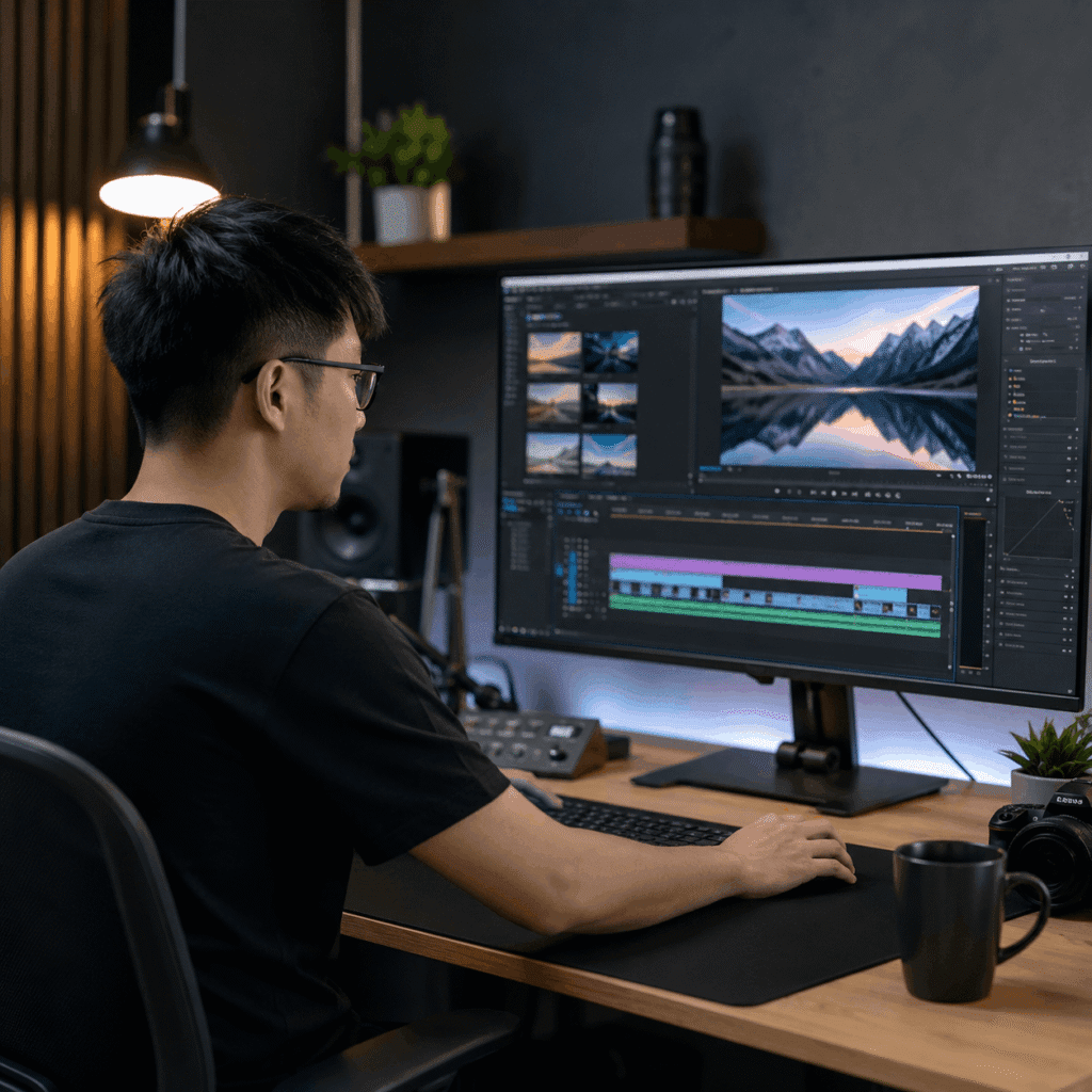 Video editor working on footage and a multi-track timeline at a professional workstation