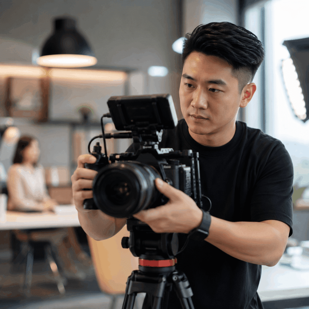 Videographer operating a professional camera rig in a modern studio