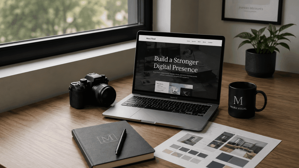 Miura Visual - From Vision to Voyage 26 Miura Visual website and creative content workspace with laptop, camera, and brand assets