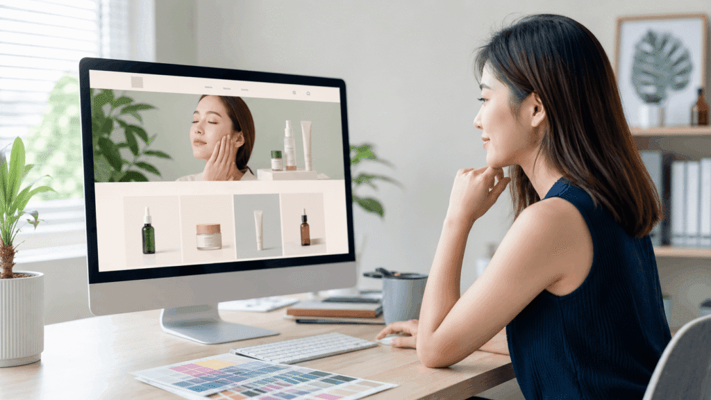 Creative professional reviewing skincare product visuals on a business website