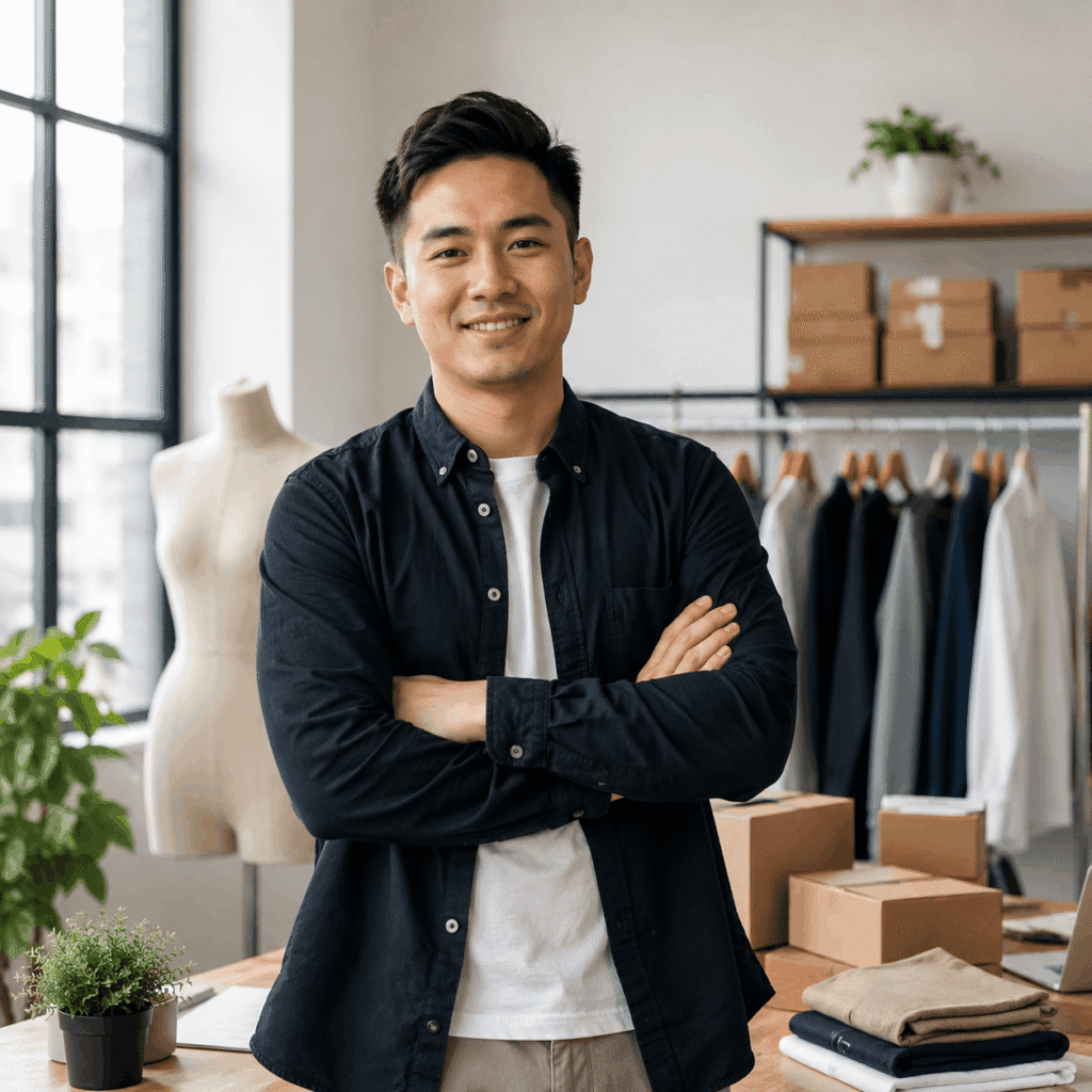 Young entrepreneur smiling inside a modern clothing startup workspace