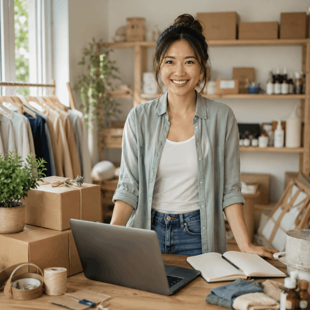 Landing Page Design Malaysia for Businesses | Miura Visual 42 New business owner smiling in a small product packing studio with laptop and packaging materials