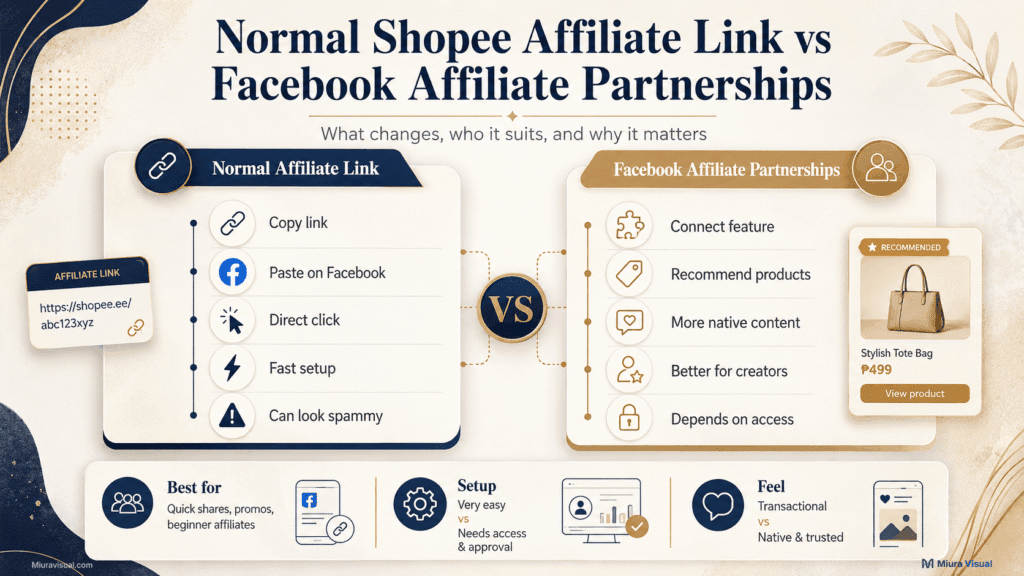 Shopee Affiliate Facebook Guide: Should You Use Facebook Affiliate Partnerships? 2 Comparison of normal Shopee affiliate link and Facebook Affiliate Partnerships for affiliate creators.