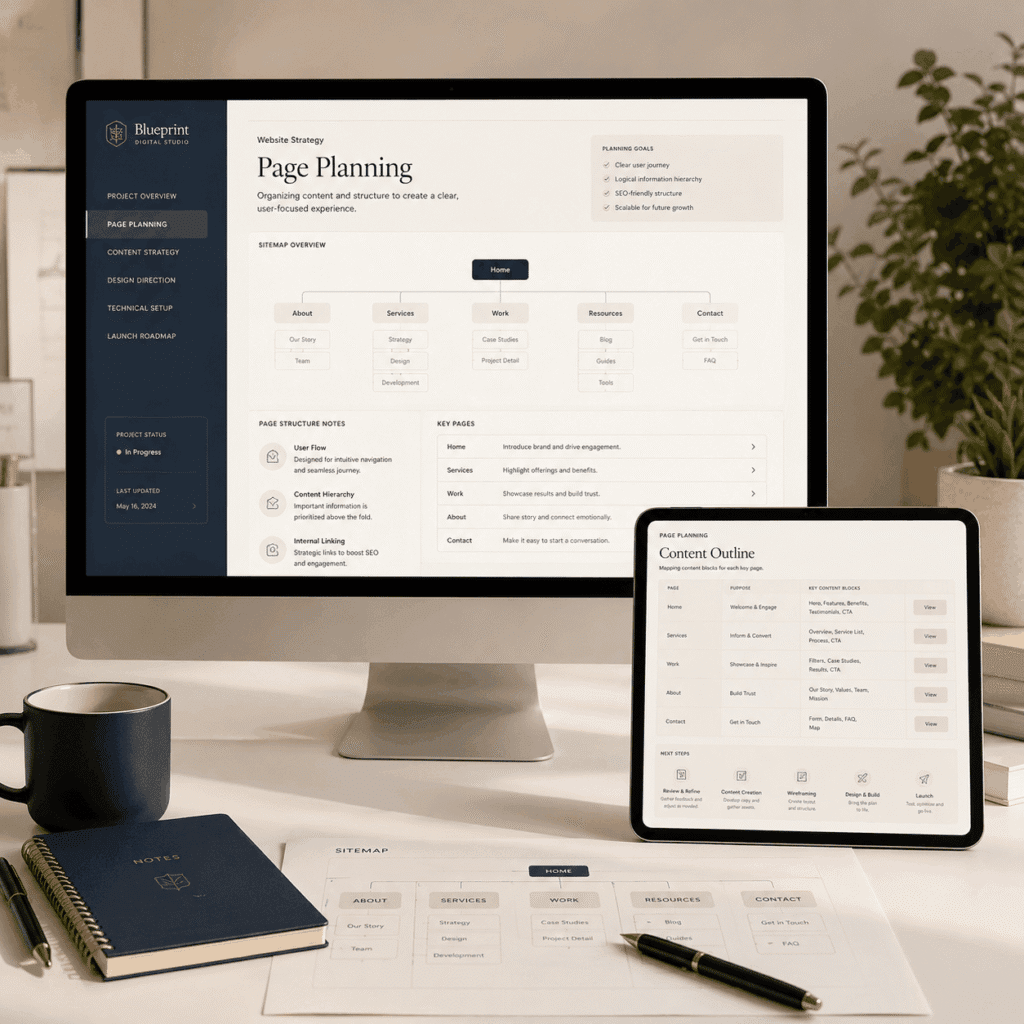 Landing Page Design Malaysia for Businesses | Miura Visual 9 Desktop and tablet mockup showing a page planning and sitemap website design interface in a navy and cream workspace scene.