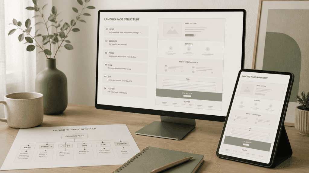 Landing Page Design Malaysia for Businesses | Miura Visual 37 Landing page structure workspace with desktop and tablet showing sitemap and wireframe layout