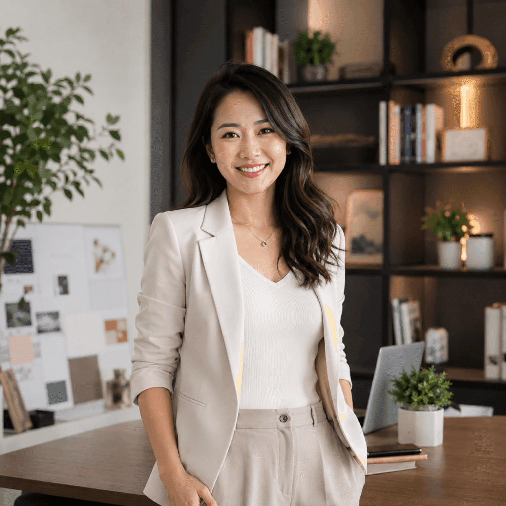 Digital Presence Malaysia | Website, SEO & Support 39 Smiling personal brand professional standing in a cozy office, representing professional website design for personal brands.