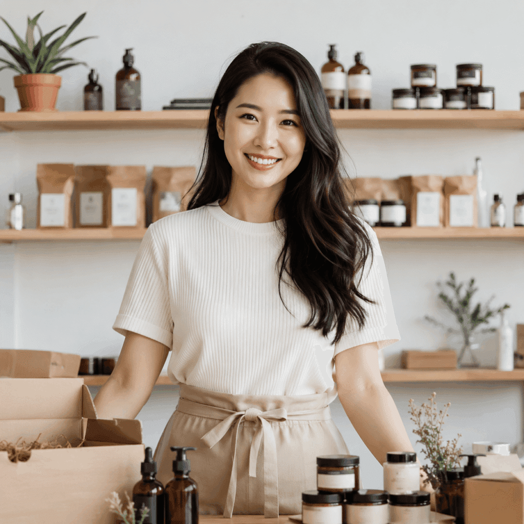 Product brand owner smiling in a studio with packaged products and display shelves