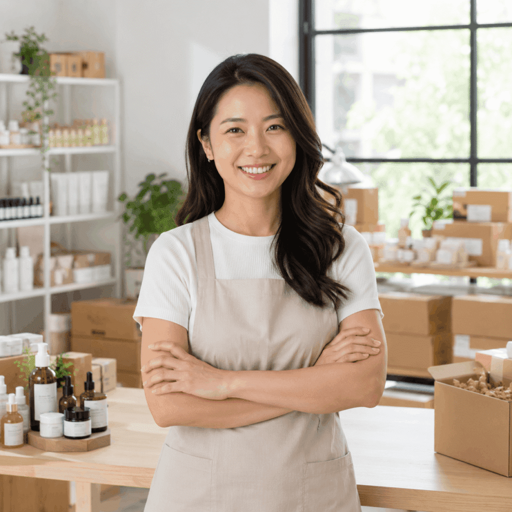 Brand Visibility Malaysia | Affiliate & Referral Content 48 Malaysian Chinese product brand owner standing in a skincare packing studio