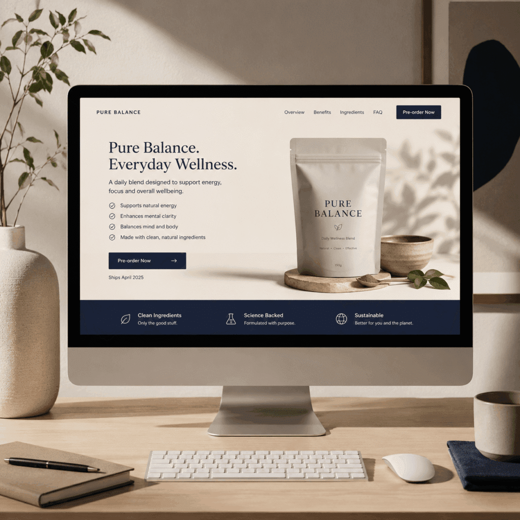 Landing Page Design Malaysia for Businesses | Miura Visual 7 Product landing page design featuring a wellness product displayed on a desktop monitor