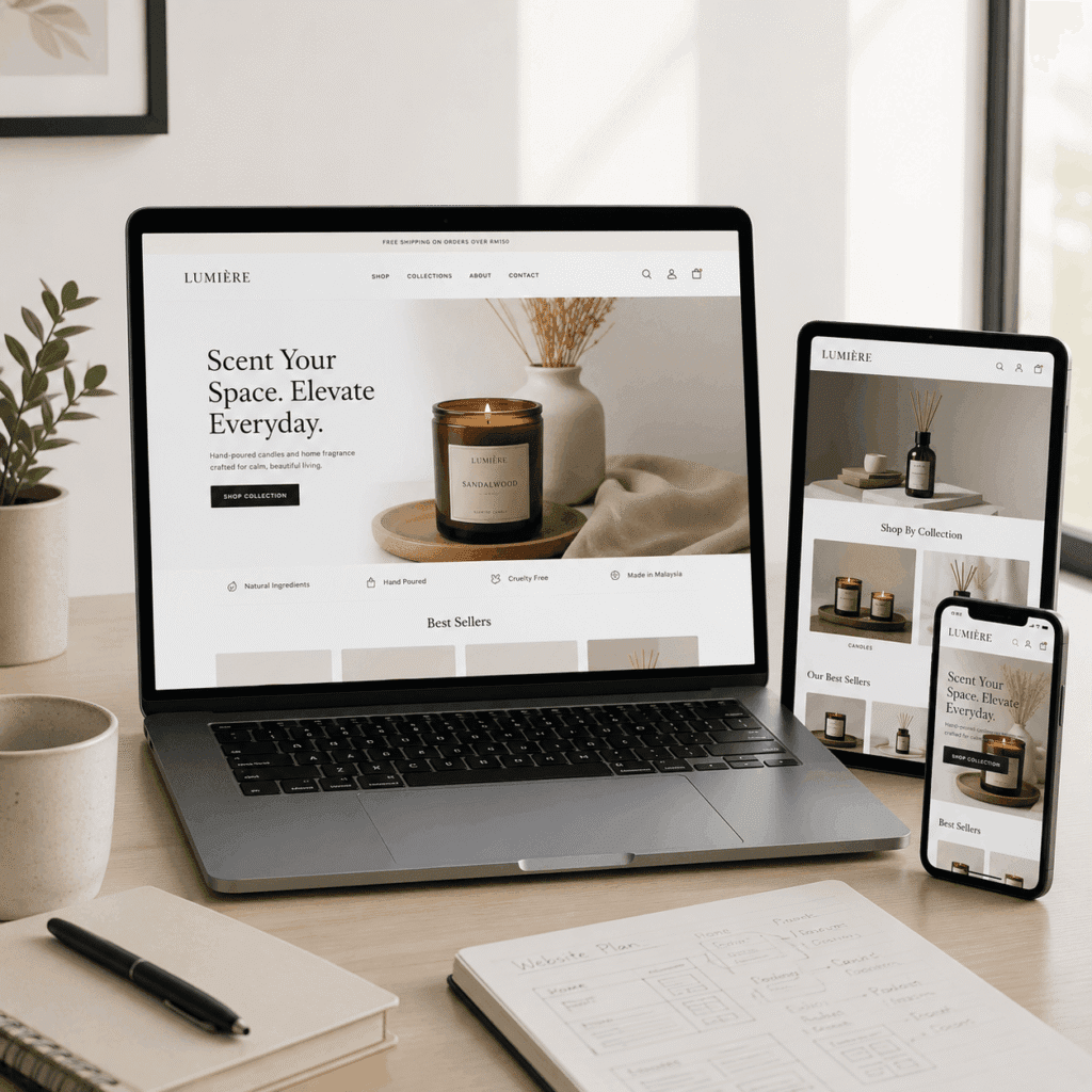 Completed e-commerce website displayed responsively on a laptop, tablet and smartphone in a modern workspace.
