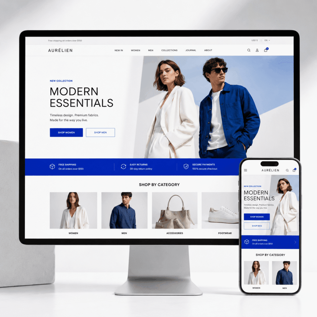 Desktop and mobile mockup showing a responsive fashion brand website homepage.