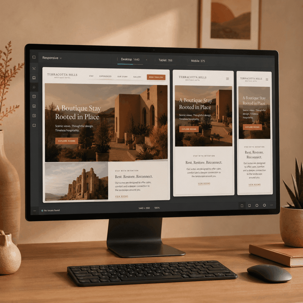 Boutique hotel website shown across desktop, tablet and mobile responsive previews