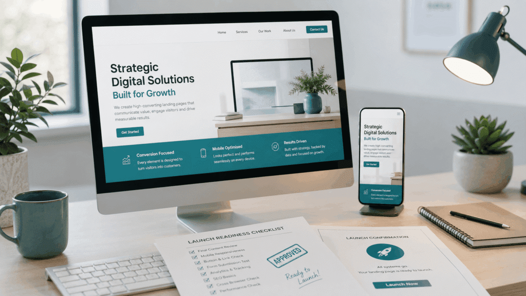 Landing Page Design Malaysia for Businesses | Miura Visual 40 Launch review workspace with desktop and phone showing landing page ready for final launch