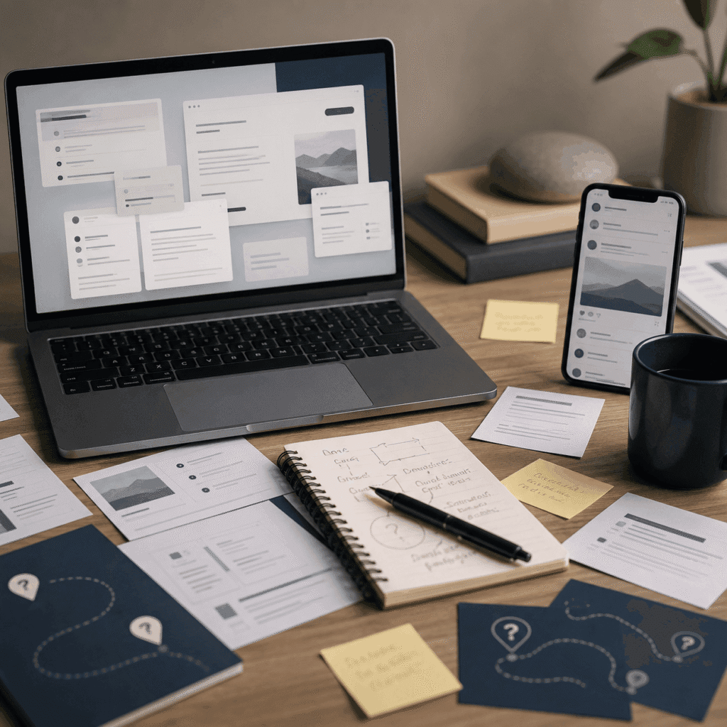 Landing Page Design Malaysia for Businesses | Miura Visual 3 Scattered website information across a laptop, smartphone and planning notes showing the need for one focused landing page.
