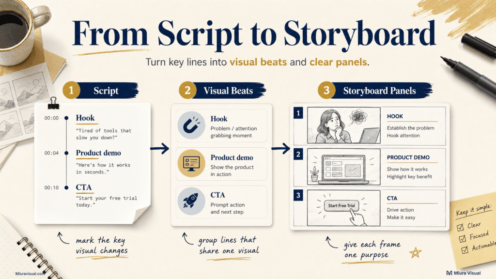How to Storyboard a Video for Short-Form Brand Content 3 Three-step process showing how a script becomes visual beats and storyboard panels