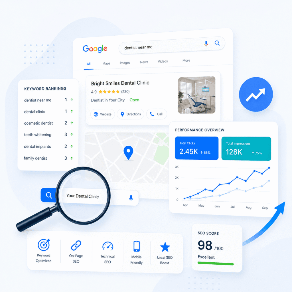 Digital Presence Malaysia | Website, SEO & Support 5 SEO setup visual showing Google search rankings, website traffic analytics and keyword performance.