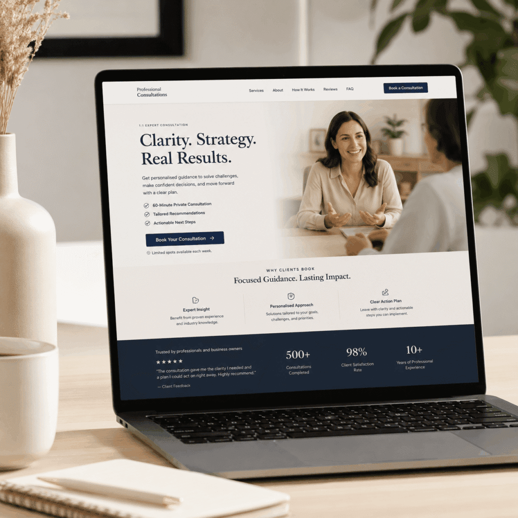 Landing Page Design Malaysia for Businesses | Miura Visual 4 Service landing page design for a consultation business shown on a laptop in a modern workspace