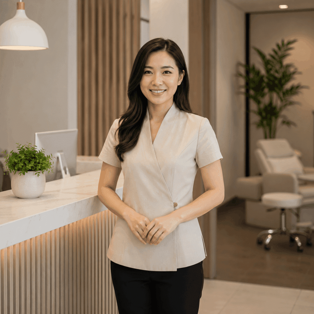 Friendly service professional standing at a modern reception area
