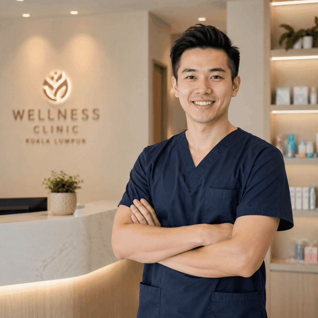 Digital Presence Malaysia | Website, SEO & Support 38 Smiling service provider standing in a modern wellness clinic reception area with shelves and a front desk in the background.