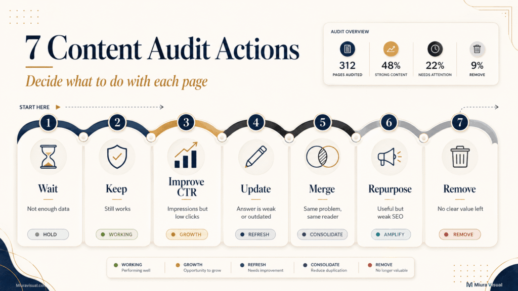 How to Do a Content Audit for Your Blog: Keep, Update, Merge or Remove? 2 How to do a content audit by choosing whether to wait, keep, improve CTR, update, merge, repurpose or remove a blog post