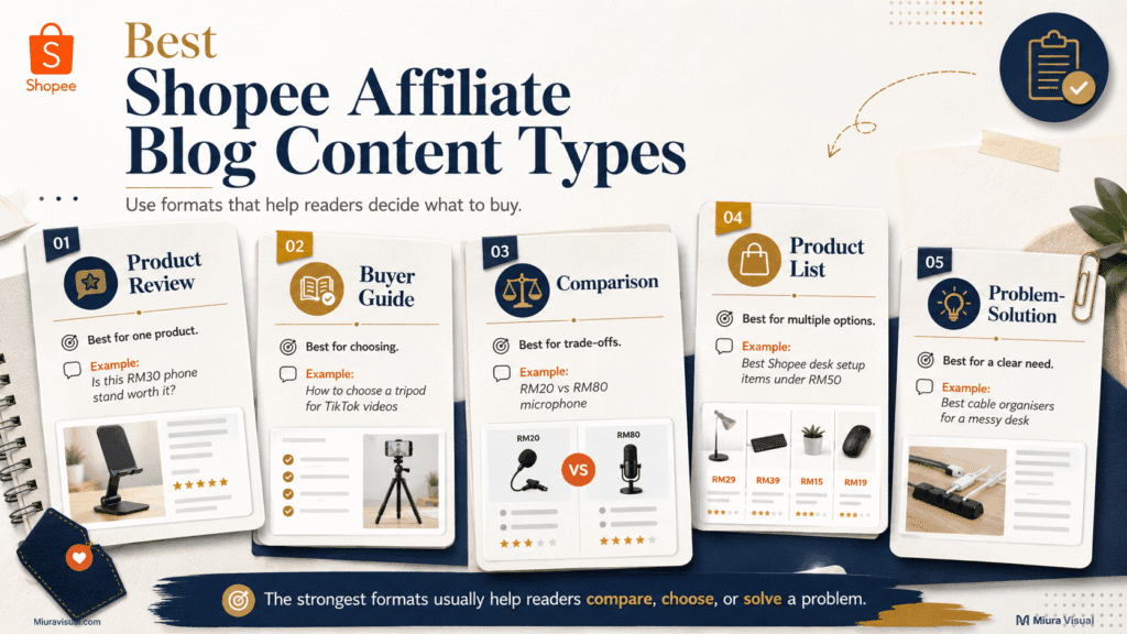 Shopee Affiliate for Bloggers: How to Promote Products with SEO Content 3 Five Shopee Affiliate blog content types including product reviews, buyer guides, comparisons, product lists, and problem-solution guides.