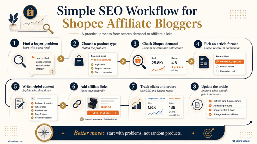 Shopee Affiliate for Bloggers: How to Promote Products with SEO Content 5 Simple SEO workflow for Shopee Affiliate bloggers, from finding buyer problems to tracking clicks and updating articles.