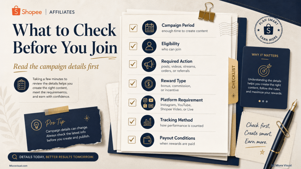 How to Use Shopee Affiliate Campaigns for Better Sales Results 3 Checklist of what to check before joining a Shopee Affiliate Campaign, including period, eligibility, rewards, and payout conditions