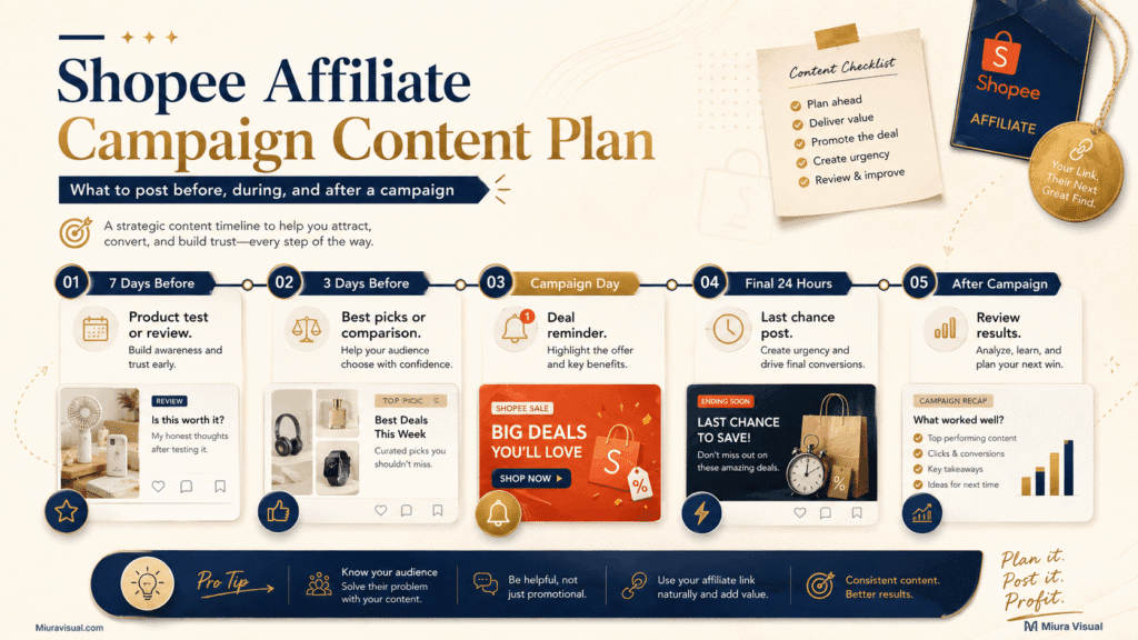 How to Use Shopee Affiliate Campaigns for Better Sales Results 4 Shopee Affiliate Campaign content timeline showing what to post before, during, and after a campaign