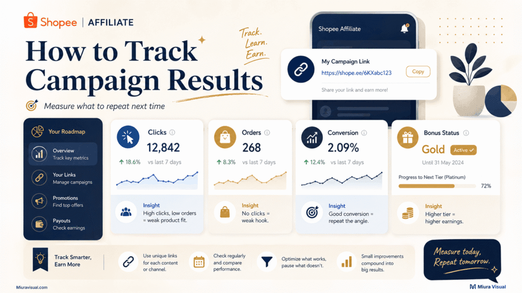 Dashboard-style infographic showing how to track Shopee Affiliate Campaign clicks, orders, conversion, and bonus status